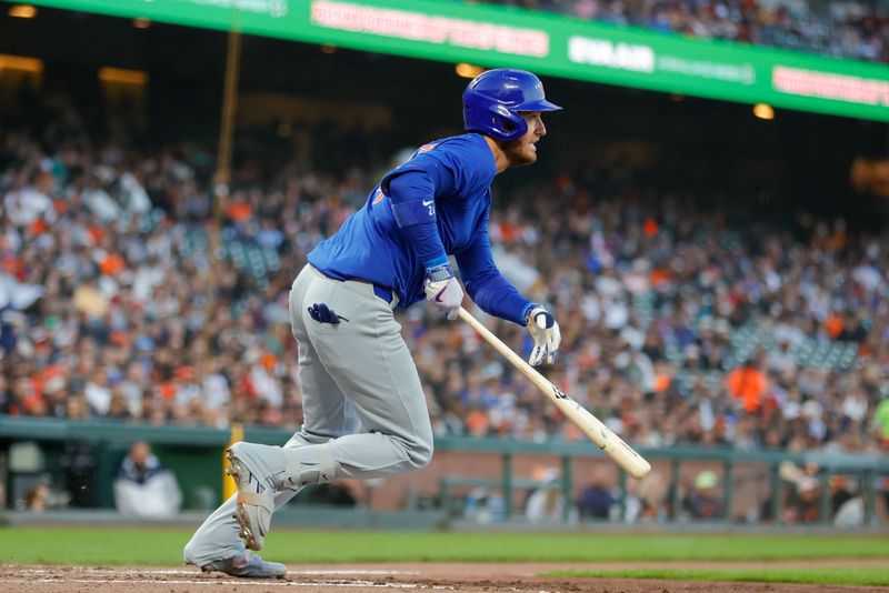 Jun 24, 2024; San Francisco, California, USA; Chicago Cubs outfielder Cody Bellinger (24) hits an RBI single during the fifth inning against the San Francisco Giants at Oracle Park. All Giants players wore the number 24 in honor of Giants former player Willie Mays. Mandatory Credit: Sergio Estrada-USA TODAY Sports