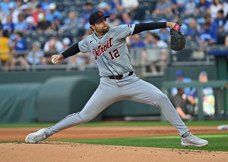 May 21, 2024; Kansas City, Missouri, USA;  Detroit Tigers starting pitcher Casey Mize (12) delivers a pitch against the Kansas City Royals in the first inning at Kauffman Stadium. Mandatory Credit: Peter Aiken-USA TODAY Sports