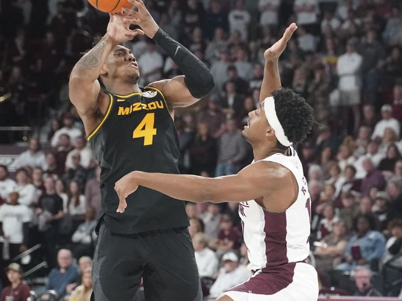 Feb 4, 2023; Starkville, Mississippi, USA; Missouri Tigers guard DeAndre Gholston (4) fights for position against Mississippi State Bulldogs guard Eric Reed Jr. (11) during second half at Humphrey Coliseum. Mandatory Credit: Matt Bush-USA TODAY Sports