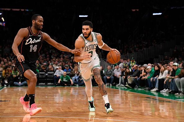 BOSTON, MA - DECEMBER 28: Jayson Tatum #0 of the Boston Celtics dribbles the ball during the game against the Detroit Pistons on December 28, 2023 at the TD Garden in Boston, Massachusetts. NOTE TO USER: User expressly acknowledges and agrees that, by downloading and or using this photograph, User is consenting to the terms and conditions of the Getty Images License Agreement. Mandatory Copyright Notice: Copyright 2023 NBAE  (Photo by Brian Babineau/NBAE via Getty Images)