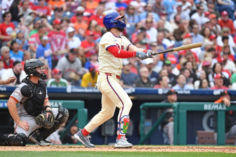 May 6, 2024; Philadelphia, Pennsylvania, USA; Philadelphia Phillies first base Bryce Harper (3) watches his three run home run against the San Francisco Giants  during the fifth inning at Citizens Bank Park. Mandatory Credit: Eric Hartline-USA TODAY Sports