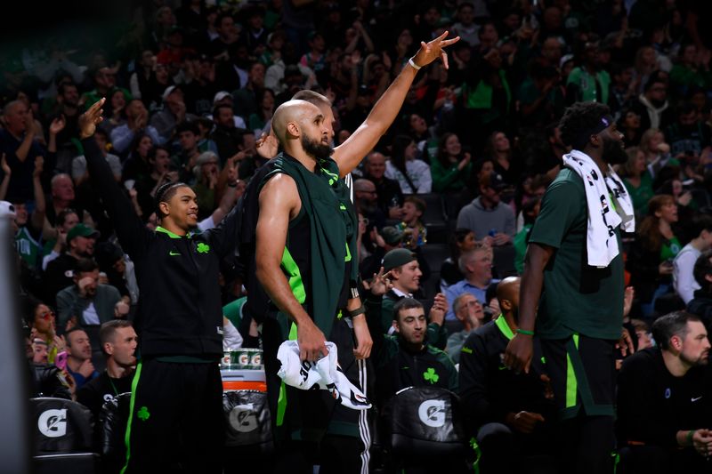 BOSTON, MA - NOVEMBER 16: Derrick White #9 of the Boston Celtics celebrates during the game against the Toronto Raptors on November 16, 2024 at TD Garden in Boston, Massachusetts. NOTE TO USER: User expressly acknowledges and agrees that, by downloading and/or using this Photograph, user is consenting to the terms and conditions of the Getty Images License Agreement. Mandatory Copyright Notice: Copyright 2024 NBAE (Photo by Brian Babineau/NBAE via Getty Images)