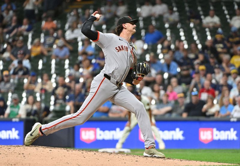 Aug 28, 2024; Milwaukee, Wisconsin, USA; San Francisco Giants pitcher Sean Hjelle (64) delivers a pitch against the Milwaukee Brewers in the fifth inning at American Family Field. Mandatory Credit: Michael McLoone-USA TODAY Sports