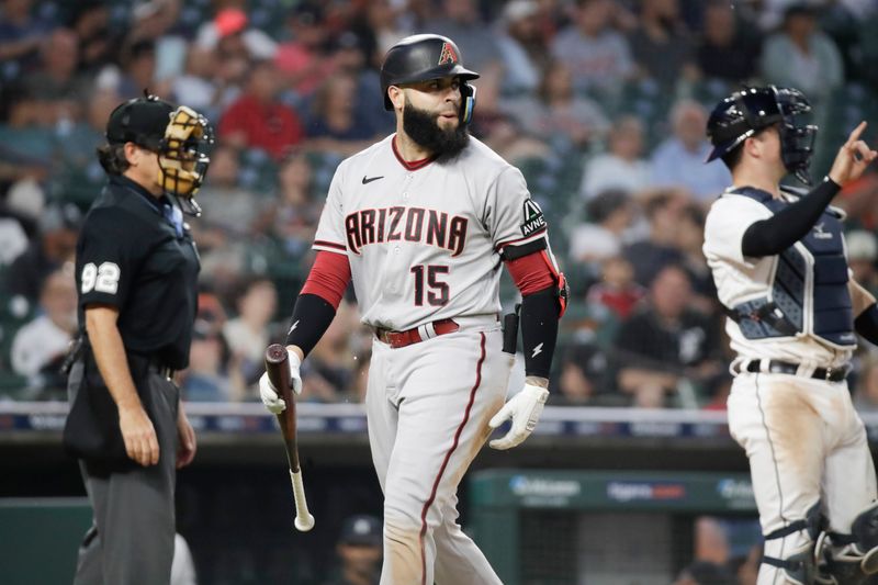 Jun 9, 2023; Detroit, Michigan, USA; Arizona Diamondbacks infielder Emmanuel Rivera (15) walks off after striking out during the game against the Detroit Tigers at Comerica Park. Mandatory Credit: Brian Bradshaw Sevald-USA TODAY Sports