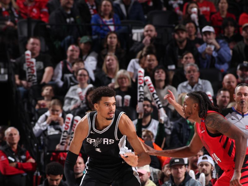 PORTLAND, OR - DECEMBER 13: Victor Wembanyama #1 of the San Antonio Spurs shoots the ball during the game against the Portland Trail Blazers on December 13, 2024 at the Moda Center Arena in Portland, Oregon. NOTE TO USER: User expressly acknowledges and agrees that, by downloading and or using this photograph, user is consenting to the terms and conditions of the Getty Images License Agreement. Mandatory Copyright Notice: Copyright 2024 NBAE (Photo by Cameron Browne/NBAE via Getty Images)