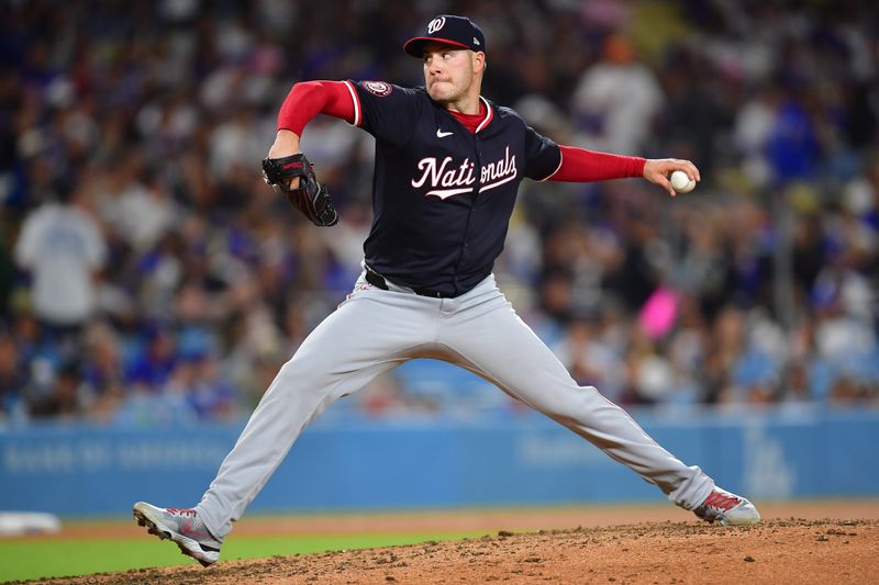 Apr 16, 2024; Los Angeles, California, USA; Washington Nationals starting pitcher Patrick Corbin (46) throws against the Los Angeles Dodgers during the sixth inning at Dodger Stadium. Mandatory Credit: Gary A. Vasquez-USA TODAY Sports