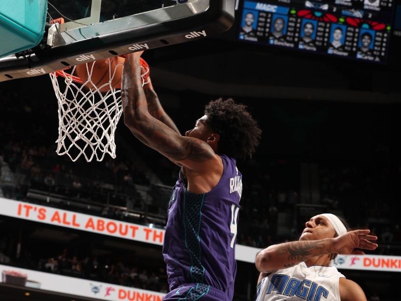 CHARLOTTE, NC - MARCH 5: Nick Richards #4 of the Charlotte Hornets dunks the ball during the game against the Orlando Magic on March 5, 2024 at Spectrum Center in Charlotte, North Carolina. NOTE TO USER: User expressly acknowledges and agrees that, by downloading and or using this photograph, User is consenting to the terms and conditions of the Getty Images License Agreement. Mandatory Copyright Notice: Copyright 2024 NBAE (Photo by Kent Smith/NBAE via Getty Images)