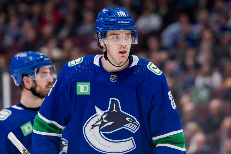 Apr 6, 2023; Vancouver, British Columbia, CAN; Vancouver Canucks forward Nils Aman (88) prepares for a face off against the Chicago Blackhawks in the third period at Rogers Arena. Canucks won 3-0. Mandatory Credit: Bob Frid-USA TODAY Sports