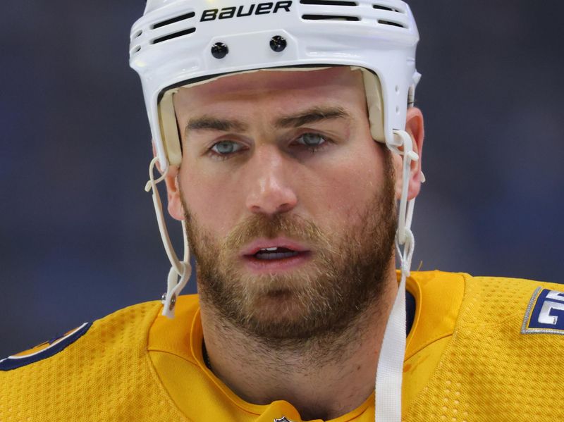 Dec 3, 2023; Buffalo, New York, USA;  Nashville Predators center Ryan O'Reilly (90) during a stoppage in play against the Buffalo Sabres during the second period at KeyBank Center. Mandatory Credit: Timothy T. Ludwig-USA TODAY Sports