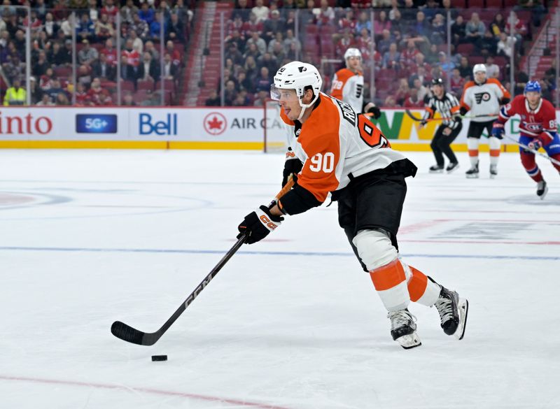 Sep 23, 2024; Montreal, Quebec, CAN; Philadelphia Flyers forward Anthony Richard (90) plays the puck against the Montreal Canadiens during the first period at the Bell Centre. Mandatory Credit: Eric Bolte-Imagn Images