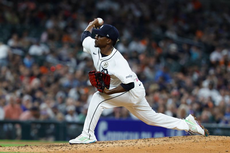 Sep 16, 2025; Detroit, Michigan, USA;  Detroit Tigers pitcher Rafael Montero (99) pitches in the eighth inning against the Cleveland Guardians at Comerica Park. Mandatory Credit: Rick Osentoski-Imagn Images