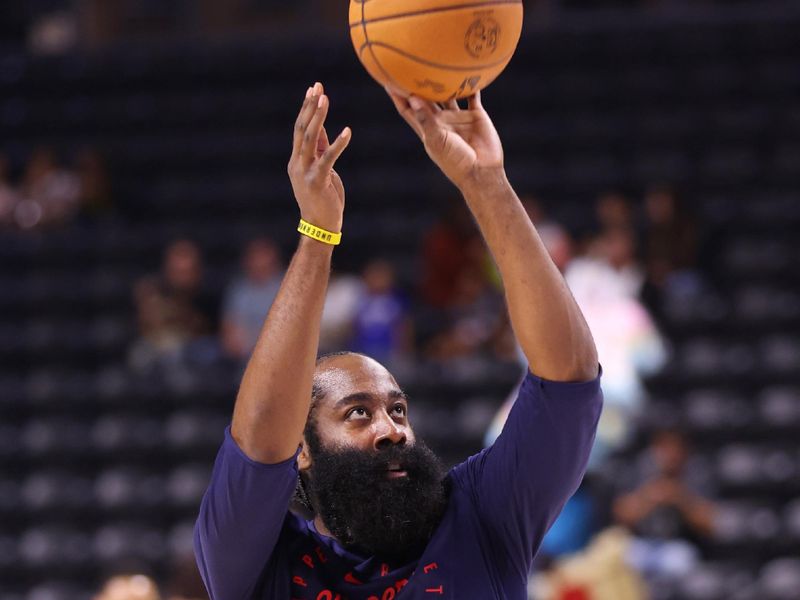 OCEANSIDE, CALIFORNIA - OCTOBER 08: James Harden #1 of the Los Angeles Clippers warms up prior to the start of a preseason game against the Brooklyn Nets at Frontwave Arena on October 08, 2024 in Oceanside, California. NOTE TO USER: User expressly acknowledges and agrees that, by downloading and or using this photograph, User is consenting to the terms and conditions of the Getty Images License Agreement. (Photo by Joe Scarnici/Getty Images)