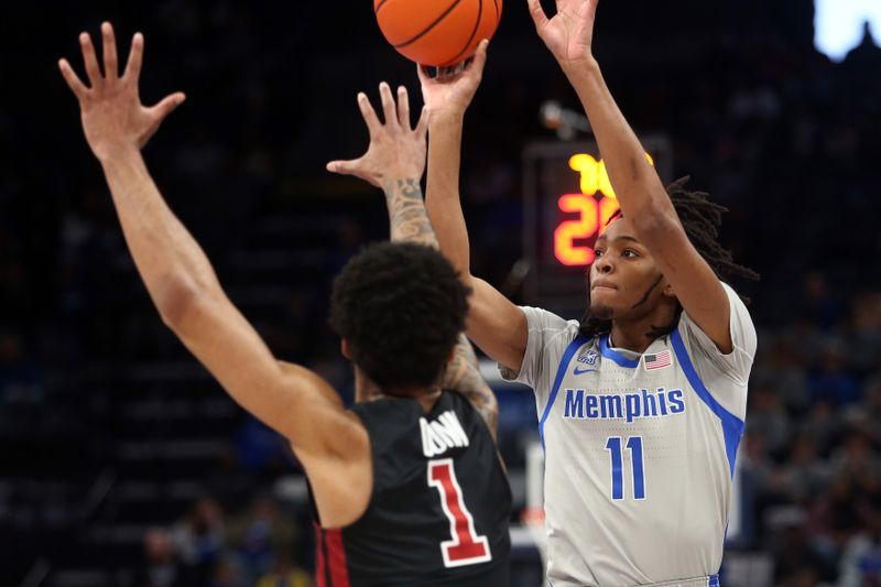 Feb 12, 2023; Memphis, Tennessee, USA; Memphis Tigers guard Johnathan Lawson (11) shoots for three during the first half against the Temple Owls at FedExForum. Mandatory Credit: Petre Thomas-USA TODAY Sports