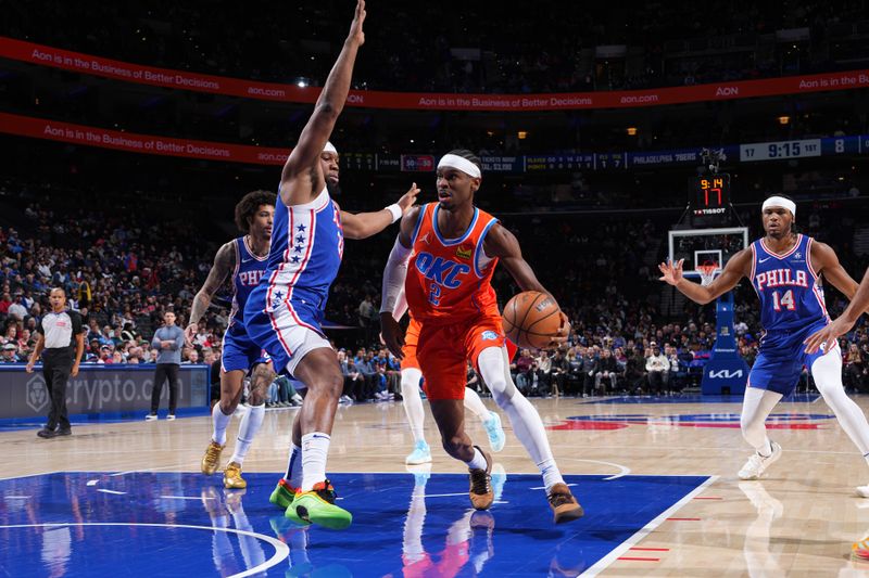 PHILADELPHIA, PA - JANUARY 14: Shai Gilgeous-Alexander #2 of the Oklahoma City Thunder dribbles the ball during the game against the Philadelphia 76ers on January 14, 2025 at the Wells Fargo Center in Philadelphia, Pennsylvania NOTE TO USER: User expressly acknowledges and agrees that, by downloading and/or using this Photograph, user is consenting to the terms and conditions of the Getty Images License Agreement. Mandatory Copyright Notice: Copyright 2025 NBAE (Photo by Jesse D. Garrabrant/NBAE via Getty Images)