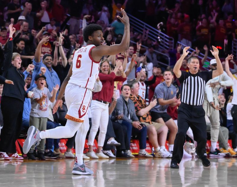 Dec 10, 2023; Los Angeles, California, USA; USC Trojans guard Bronny James (6) celebrates hitting a 3-point basket in the 2nd half against the Long Beach State 49ers at Galen Center. Mandatory Credit: Robert Hanashiro-USA TODAY Sportsu