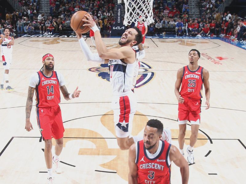 NEW ORLEANS, LA - FEBRUARY 14: Landry Shamet #20 of the Washington Wizards drives to the basket during the game against the New Orleans Pelicans on February 14, 2024 at the Smoothie King Center in New Orleans, Louisiana. NOTE TO USER: User expressly acknowledges and agrees that, by downloading and or using this Photograph, user is consenting to the terms and conditions of the Getty Images License Agreement. Mandatory Copyright Notice: Copyright 2024 NBAE (Photo by Layne Murdoch Jr./NBAE via Getty Images)