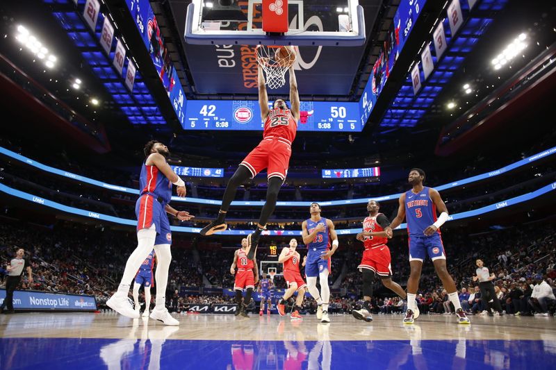 DETROIT, MI - APRIL 11: Dalen Terry #25 of the Chicago Bulls dunks the ball during the game against the Detroit Pistons on April 11, 2024 at Little Caesars Arena in Detroit, Michigan. NOTE TO USER: User expressly acknowledges and agrees that, by downloading and/or using this photograph, User is consenting to the terms and conditions of the Getty Images License Agreement. Mandatory Copyright Notice: Copyright 2024 NBAE (Photo by Brian Sevald/NBAE via Getty Images)
