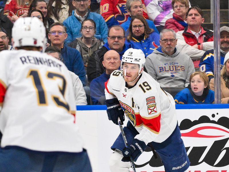 Jan 29, 2026; St. Louis, Missouri, USA; Florida Panthers left wing Matthew Tkachuk (19) controls the puck against the St. Louis Blues during the third period at Enterprise Center. Mandatory Credit: Jeff Curry-Imagn Images