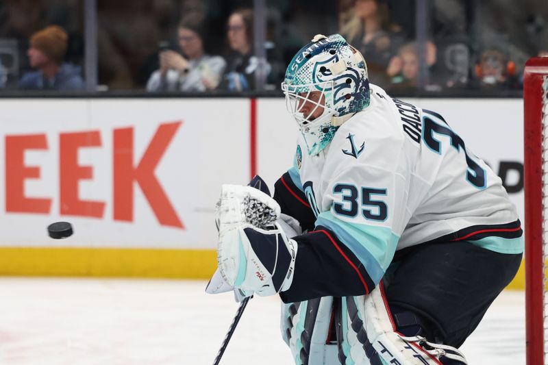Apr 8, 2025; Salt Lake City, Utah, USA; Seattle Kraken goaltender Joey Daccord (35) warms up before a game against the Utah Hockey Club at Delta Center. Mandatory Credit: Rob Gray-Imagn Images