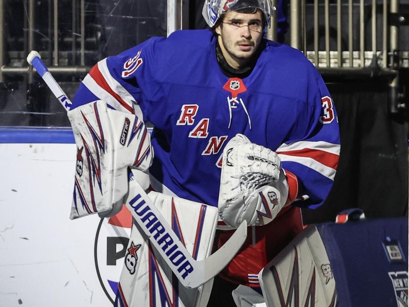 Nov 1, 2024; New York, New York, USA;  New York Rangers goaltender Igor Shesterkin (31) takes to the ice at the start of the game against the Ottawa Senators at Madison Square Garden. Mandatory Credit: Wendell Cruz-Imagn Images