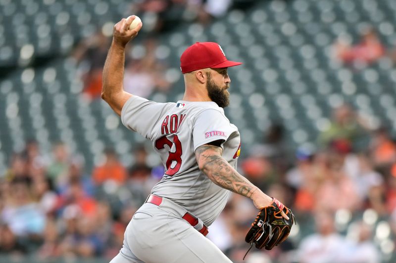 Sep 13, 2023; Baltimore, Maryland, USA;  St. Louis Cardinals starting pitcher Drew Rom (38) throws a first inning pitch against the Baltimore Orioles at Oriole Park at Camden Yards. Mandatory Credit: Tommy Gilligan-USA TODAY Sports