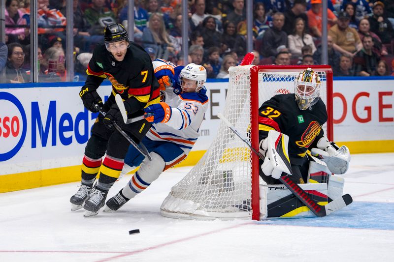 Nov 9, 2024; Vancouver, British Columbia, CAN; Vancouver Canucks goalie Kevin Lankinen (32) watches as defenseman Carson Soucy (7) battles with Edmonton Oilers forward Jeff Skinner (53) during the first period at Rogers Arena. Mandatory Credit: Bob Frid-Imagn Images