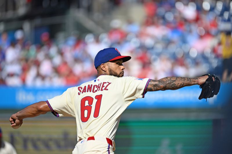 Sep 28, 2025; Philadelphia, Pennsylvania, USA; Philadelphia Phillies pitcher Cristopher Sánchez (61) throws a pitch during the first inning against the Minnesota Twins at Citizens Bank Park. Mandatory Credit: Eric Hartline-Imagn Images