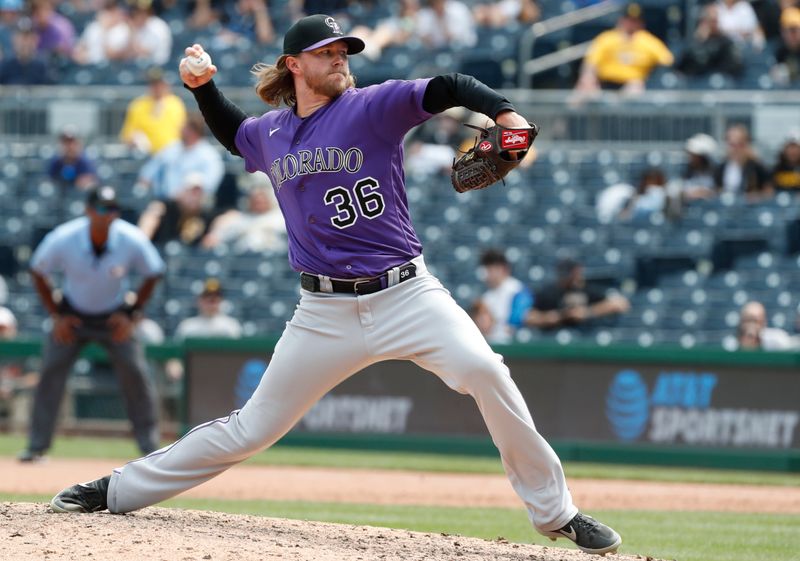 May 10, 2023; Pittsburgh, Pennsylvania, USA;  Colorado Rockies relief pitcher Pierce Johnson (36) pitches against the Pittsburgh Pirates during the ninth inning at PNC Park. Colorado won 4-3. Mandatory Credit: Charles LeClaire-USA TODAY Sports