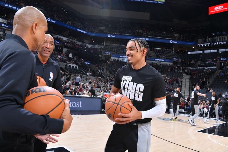 SAN ANTONIO, TX - JANUARY 13: Tre Jones #33 of the San Antonio Spurs warms up in a shirt in honor of Martin Luther King Jr. before the game against the against the Chicago Bulls on January 13, 2024 at the Frost Bank Center in San Antonio, Texas. NOTE TO USER: User expressly acknowledges and agrees that, by downloading and or using this photograph, user is consenting to the terms and conditions of the Getty Images License Agreement. Mandatory Copyright Notice: Copyright 2024 NBAE (Photos by Michael Gonzales/NBAE via Getty Images)