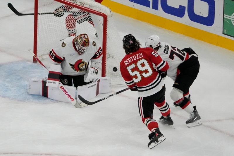 Oct 28, 2025; Chicago, Illinois, USA; Ottawa Senators goaltender Linus Ullmark (35) makes a save on Chicago Blackhawks left wing Tyler Bertuzzi (59) during the second period at United Center. Mandatory Credit: David Banks-Imagn Images