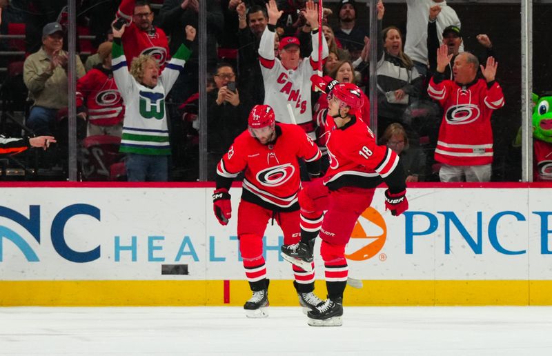 Jan 11, 2024; Raleigh, North Carolina, USA; Carolina Hurricanes center Jack Drury (18) celebrates his goal ]against the Anaheim Ducks during the second period at PNC Arena. Mandatory Credit: James Guillory-USA TODAY Sports