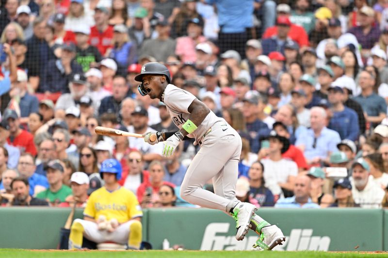 Sep 13, 2025; Boston, Massachusetts, USA; New York Yankees second baseman Jazz Chisholm Jr. (13) reacts to his one run RBI single during the third inning against the Boston Red Sox at Fenway Park. Mandatory Credit: Eric Canha-Imagn Images 