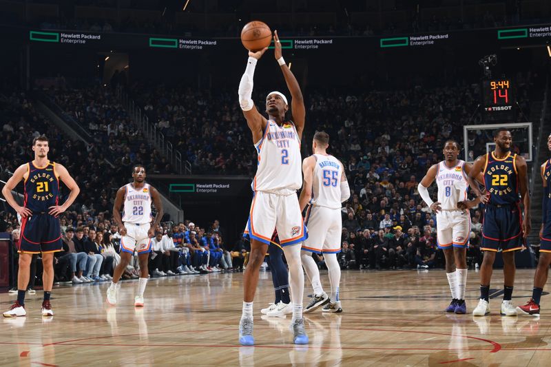 SAN FRANCISCO, CA - JANUARY 29:  Shai Gilgeous-Alexander #2 of the Oklahoma City Thunder shoots a free throw during the game against the Golden State Warriors on January 29, 2025 at Chase Center in San Francisco, California. NOTE TO USER: User expressly acknowledges and agrees that, by downloading and or using this photograph, user is consenting to the terms and conditions of Getty Images License Agreement. Mandatory Copyright Notice: Copyright 2025 NBAE (Photo by Noah Graham/NBAE via Getty Images)