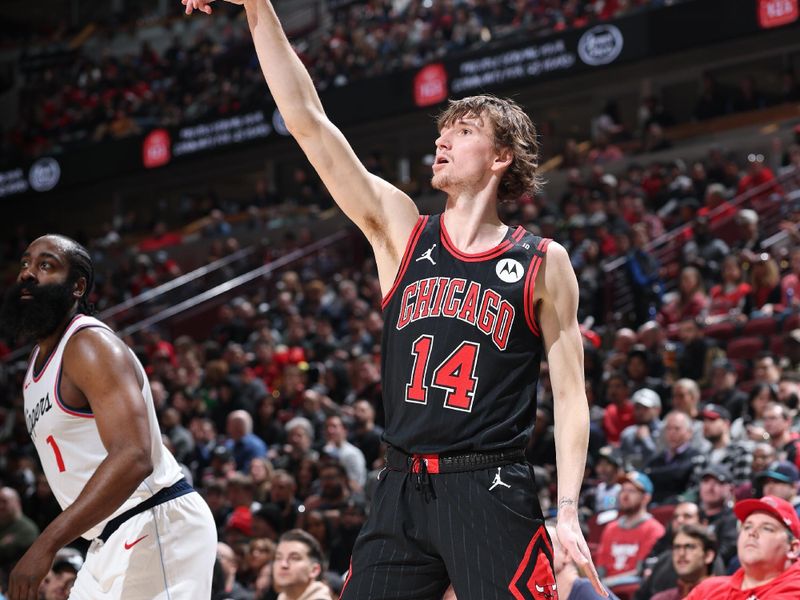 CHICAGO, IL - FEBRUARY 26: Matas Buzelis #14 of Chicago Bulls looks on during the game against the LA Clippers on February 26, 2025 at United Center in Chicago, Illinois. NOTE TO USER: User expressly acknowledges and agrees that, by downloading and or using this photograph, User is consenting to the terms and conditions of the Getty Images License Agreement. Mandatory Copyright Notice: Copyright 2025 NBAE (Photo by Jeff Haynes/NBAE via Getty Images)