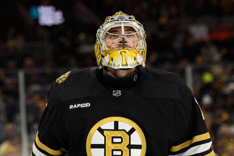 Jan 18, 2024; Boston, Massachusetts, USA; Boston Bruins goaltender Jeremy Swayman (1) during the second period against the Colorado Avalanche at TD Garden. Mandatory Credit: Bob DeChiara-USA TODAY Sports