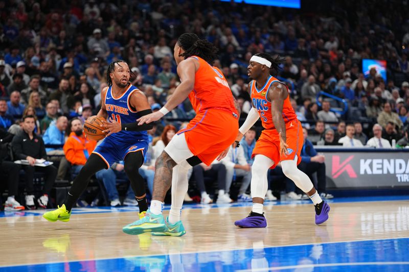 OKLAHOMA CITY, OK - JANUARY 3:  Jalen Brunson #11 of the New York Knicks dribbles the ball during the game against the Oklahoma City Thunder on January 3, 2025 at Paycom Center in Oklahoma City, Oklahoma. NOTE TO USER: User expressly acknowledges and agrees that, by downloading and or using this photograph, User is consenting to the terms and conditions of the Getty Images License Agreement. Mandatory Copyright Notice: Copyright 2025 NBAE (Photo by Cooper Neill/NBAE via Getty Images)