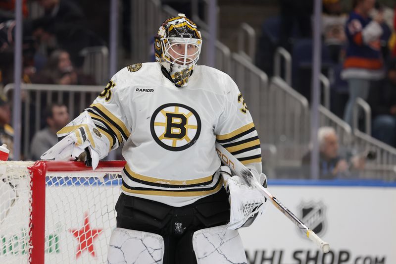 Mar 2, 2024; Elmont, New York, USA; Boston Bruins goaltender Linus Ullmark (35) reacts during the second period against the New York Islanders at UBS Arena. Mandatory Credit: Brad Penner-USA TODAY Sports