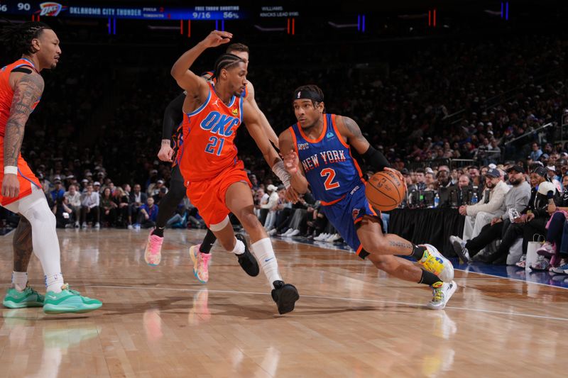 NEW YORK, NY - MARCH 31: Miles McBride #2 of the New York Knicks dribbles the ball during the game against the Oklahoma City Thunder on March 31, 2024 at Madison Square Garden in New York City, New York.  NOTE TO USER: User expressly acknowledges and agrees that, by downloading and or using this photograph, User is consenting to the terms and conditions of the Getty Images License Agreement. Mandatory Copyright Notice: Copyright 2024 NBAE  (Photo by Jesse D. Garrabrant/NBAE via Getty Images)