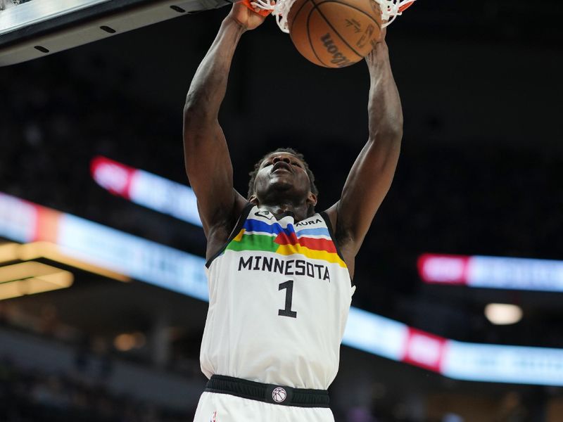 MINNEAPOLIS, MN -  APRIL 2: Anthony Edwards #1 of the Minnesota Timberwolves dunks the ball during the game against the Portland Trail Blazers on April 2, 2023 at Target Center in Minneapolis, Minnesota. NOTE TO USER: User expressly acknowledges and agrees that, by downloading and or using this Photograph, user is consenting to the terms and conditions of the Getty Images License Agreement. Mandatory Copyright Notice: Copyright 2023 NBAE (Photo by Jordan Johnson/NBAE via Getty Images)