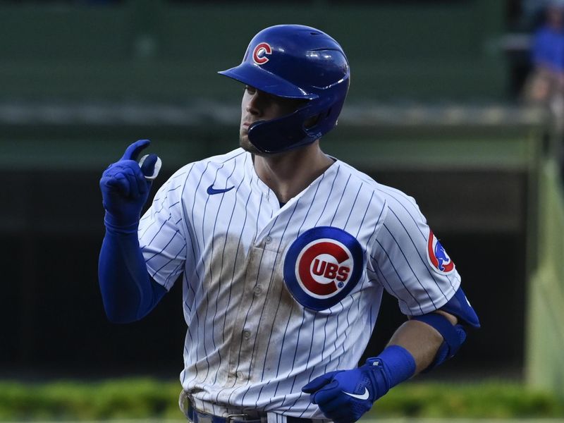 May 30, 2023; Chicago, Illinois, USA;  Chicago Cubs second baseman Nico Hoerner (2) after hitting a home run against the Tampa Bay Rays during the first inning at Wrigley Field. Mandatory Credit: Matt Marton-USA TODAY Sports