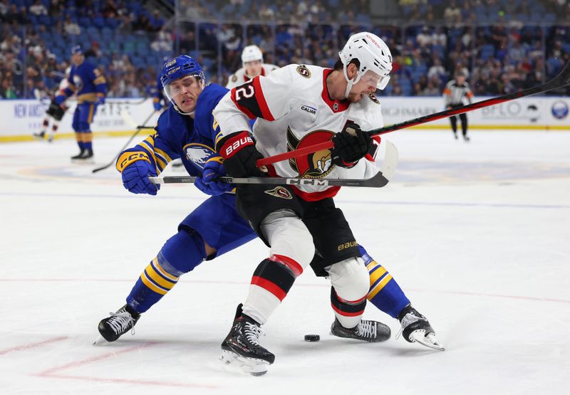 Nov 5, 2024; Buffalo, New York, USA;  Buffalo Sabres left wing Beck Malenstyn (29) and Ottawa Senators defenseman Thomas Chabot (72) go after a loose puck during the second period at KeyBank Center. Mandatory Credit: Timothy T. Ludwig-Imagn Images