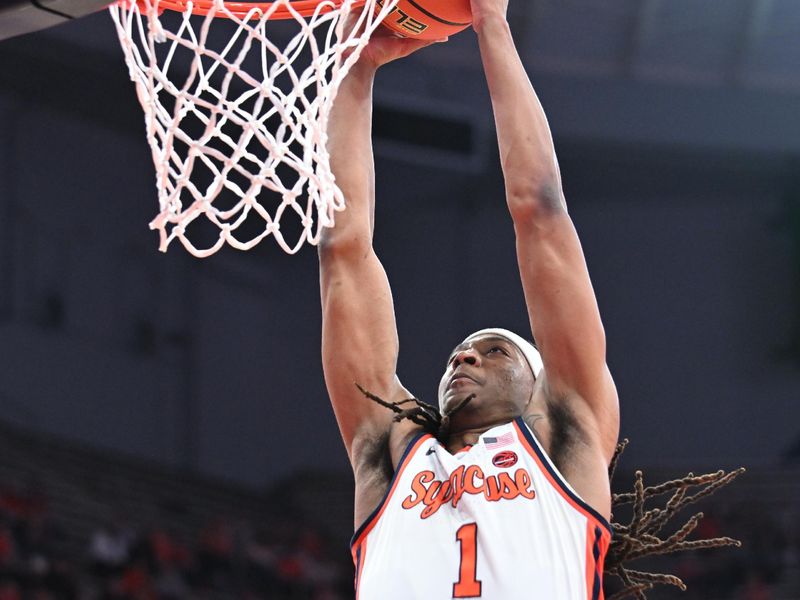 Feb 27, 2024; Syracuse, New York, USA; Syracuse Orange forward Maliq Brown (1) dunks the ball in the second half against the Virginia Tech Hokies at the JMA Wireless Dome. Mandatory Credit: Mark Konezny-USA TODAY Sports