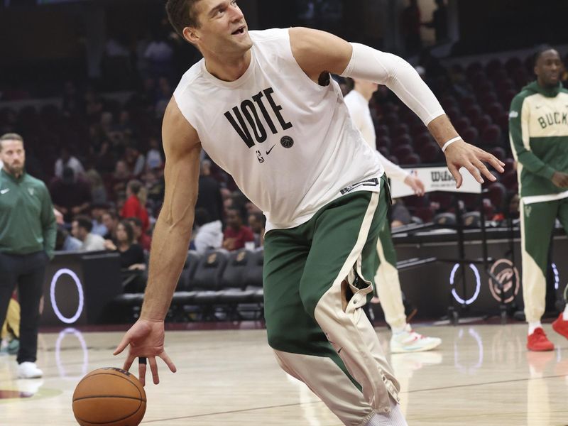 CLEVELAND, OH - NOVEMBER 4:  Brook Lopez #11 of the Milwaukee Bucks warms up before the game against the Cleveland Cavaliers on November 4, 2024 at Rocket Mortgage FieldHouse in Cleveland, Ohio. NOTE TO USER: User expressly acknowledges and agrees that, by downloading and/or using this Photograph, user is consenting to the terms and conditions of the Getty Images License Agreement. Mandatory Copyright Notice: Copyright 2024 NBAE (Photo by  Lauren Leigh Bacho/NBAE via Getty Images)