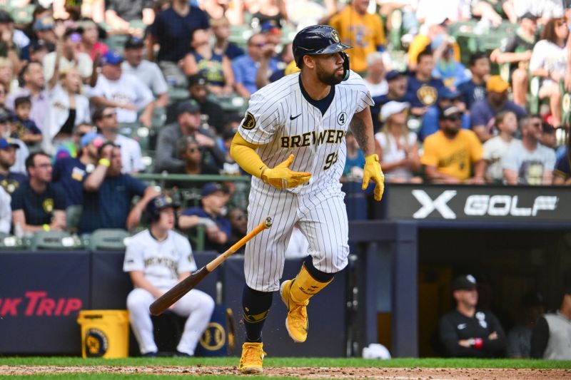 Jun 2, 2024; Milwaukee, Wisconsin, USA;  Milwaukee Brewers designated hitter Gary Sanchez (99) watches after hitting a single to drive in two runs against the Chicago White Sox in the eighth inning at American Family Field. Mandatory Credit: Benny Sieu-USA TODAY Sports