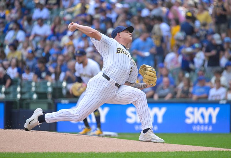 Jun 29, 2024; Milwaukee, Wisconsin, USA; Milwaukee Brewers pitcher Tobias Myers (36) delivers a pitch abasing the Chicago Cubs in the first inning at American Family Field. Mandatory Credit: Michael McLoone-USA TODAY Sports