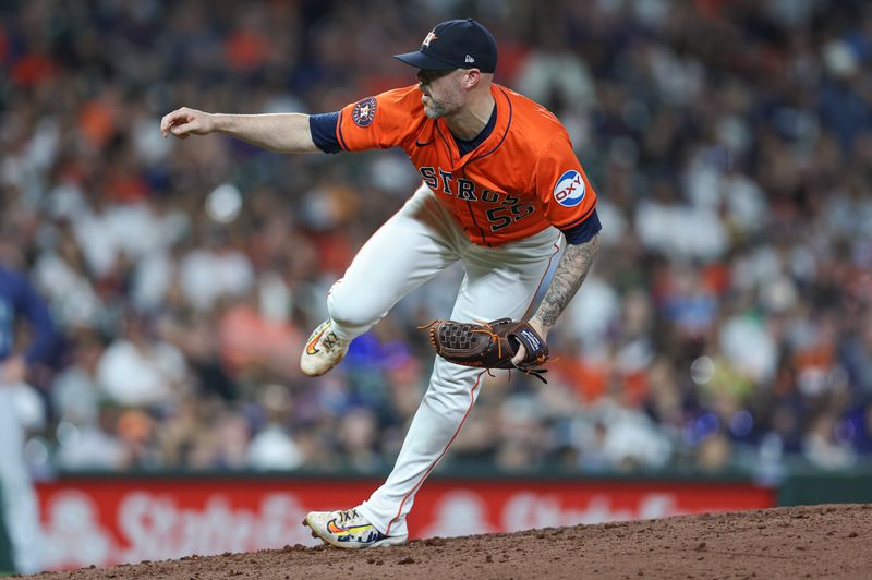 May 3, 2024; Houston, Texas, USA; Houston Astros relief pitcher Ryan Pressly (55) delivers a pitch during the eighth inning against the Seattle Mariners at Minute Maid Park. Mandatory Credit: Troy Taormina-USA TODAY Sports