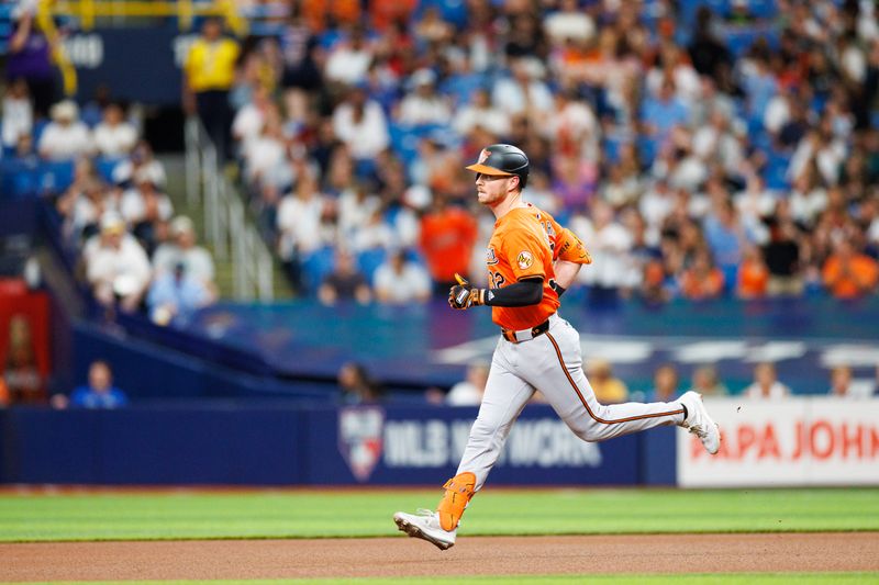 Jun 8, 2024; St. Petersburg, Florida, USA;  Baltimore Orioles outfielder Ryan O'Hearn (32) runs the bases after hitting a solo home run against the Tampa Bay Rays in the fourth inning at Tropicana Field. Mandatory Credit: Nathan Ray Seebeck-USA TODAY Sports