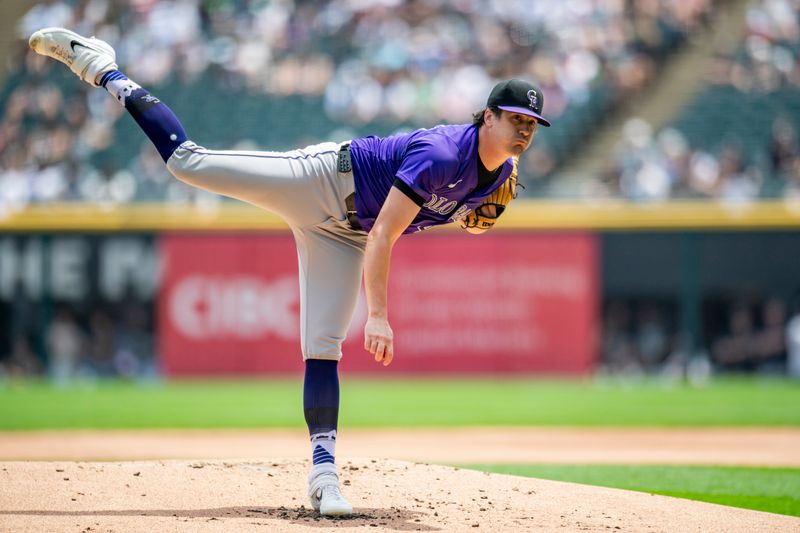 Jun 29, 2024; Chicago, Illinois, USA; Colorado Rockies starting pitcher Cal Quantrill (47) pitches during the first inning against the Chicago White Sox at Guaranteed Rate Field. Mandatory Credit: Patrick Gorski-USA TODAY Sports