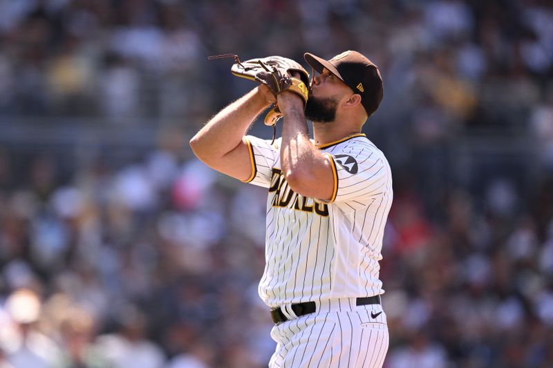 Apr 19, 2023; San Diego, California, USA; San Diego Padres relief pitcher Luis Garcia (66) walks to the dugout after being replaced during the eighth inning against the Atlanta Braves at Petco Park. Mandatory Credit: Orlando Ramirez-USA TODAY Sports