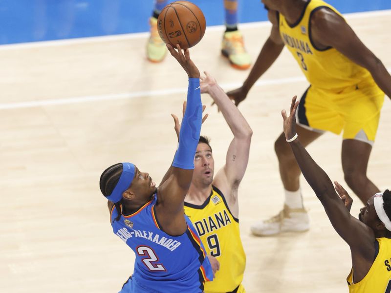 OKLAHOMA CITY, OK - JUNE 8: Shai Gilgeous-Alexander #2 of the Oklahoma City Thunder shoots the ball during the game against the Indiana Pacers during Game Two of the 2025 NBA Finals on June 8, 2025 at Paycom Center in Oklahoma City, Oklahoma. NOTE TO USER: User expressly acknowledges and agrees that, by downloading and or using this photograph, User is consenting to the terms and conditions of the Getty Images License Agreement. Mandatory Copyright Notice: Copyright 2025 NBAE (Photo by Logan Riely /NBAE via Getty Images)